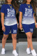 Blue Casual Gradual Change Letter Print Basic O Neck Short Sleeve Two Pieces