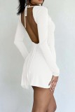 Pink Casual Solid Frenulum Slit Square Collar Long Sleeve Dresses