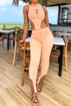 Nude Pink Casual Print Asymmetrical Turtleneck Sleeveless Two Pieces