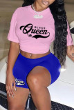 Powder Blue Casual Letter Print Basic O Neck Short Sleeve Two Pieces