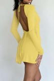 Pink Casual Solid Frenulum Slit Square Collar Long Sleeve Dresses
