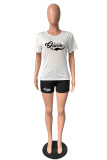 Powder Blue Casual Letter Print Basic O Neck Short Sleeve Two Pieces