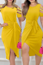 Yellow Casual Patchwork Solid Patchwork Hot Drill O Neck Short Sleeve Dress