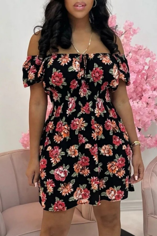 Black Casual Print Patchwork O Neck Short Sleeve Dress