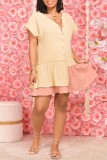Apricot Casual Patchwork Contrast V Neck Short Sleeve Dress