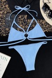 Blue Sexy Solid Hollowed Out Frenulum Backless Swimwears (Without Paddings)
