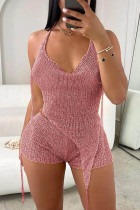 Pink Sexy Solid Bandage Backless Hooded Collar Sleeveless Two Pieces