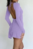 Pink Casual Solid Frenulum Slit Square Collar Long Sleeve Dresses