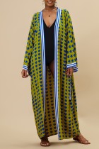 Green Casual Print Patchwork Cardigan Swimwears Cover Up