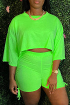 Fluorescent Green Fashion Casual Solid Basic O Neck Half Sleeve Two Pieces