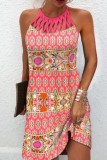 Pink Casual Print Hollowed Out O Neck Sleeveless Dress Dresses