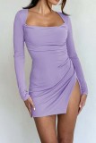 Pink Casual Solid Frenulum Slit Square Collar Long Sleeve Dresses