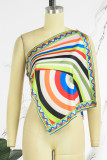 Colour Sexy Casual Print Backless Asymmetrical Oblique Collar Tops
