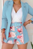 Pink Casual Print With Belt Turn-back Collar Long Sleeve Two Pieces