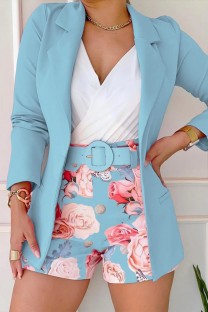 Sky Blue Casual Print With Belt Turn-back Collar Long Sleeve Two Pieces