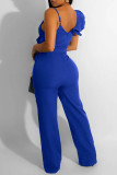 Colorful Blue Casual Solid Patchwork V Neck Regular Jumpsuits