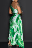 Green Sexy Elegant Print Patchwork Fold Asymmetrical Oblique Collar Irregular Dress Dresses