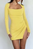 Pink Casual Solid Frenulum Slit Square Collar Long Sleeve Dresses
