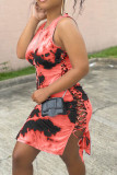 Watermelon Red Casual Print Tie Dye Frenulum O Neck Sleeveless Dress Dresses