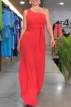 Red Casual Solid Backless Oblique Collar Regular Jumpsuits