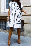 White Casual Print Patchwork Zipper Oblique Collar Irregular Dress Dresses