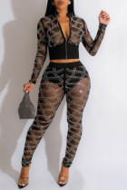 Black Sexy Patchwork Hot Drilling See-through Zipper Collar Long Sleeve Two Pieces