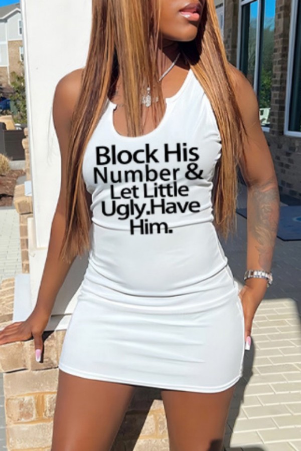 White Casual Letter Print Basic U Neck Vest Dress Dresses