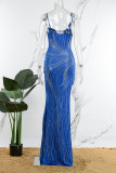 Blue Sexy Patchwork Hot Drilling See-through Backless Slit Spaghetti Strap Long Dress Dresses