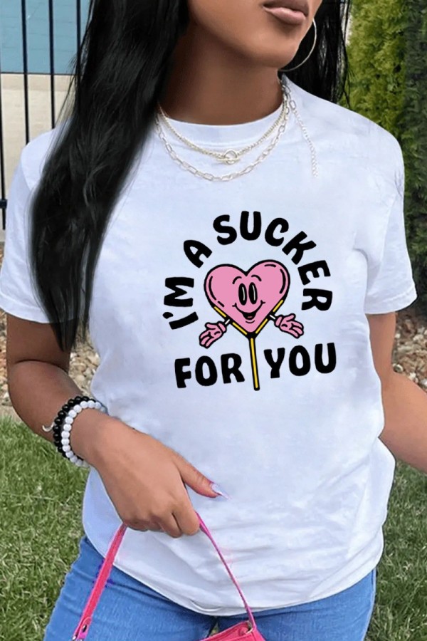 White Casual Print Basic O Neck T-Shirts