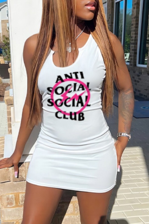 White Casual Letter Print Basic U Neck Vest Dress Dresses