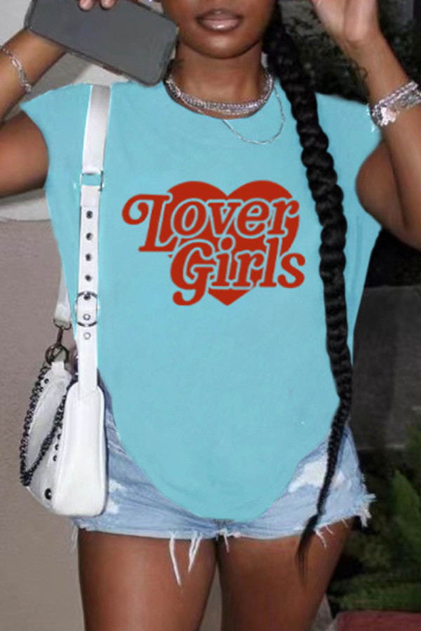 Baby Blue Casual Print Basic O Neck T-Shirts