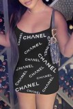 Black Sexy Print Letter Spaghetti Strap A Line Dresses