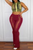 Burgundy Casual Solid Hollowed Out Skinny High Waist Conventional Solid Color Trousers