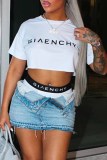 White Street Print Letter O Neck Short Sleeve Two Pieces