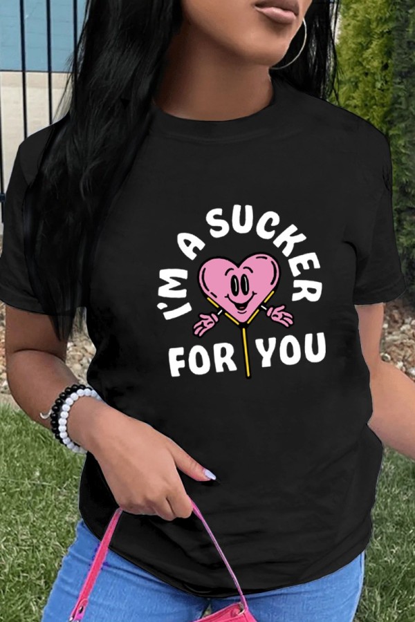 Black Casual Print Basic O Neck T-Shirts