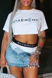 White Street Print Letter O Neck Short Sleeve Two Pieces