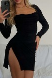 Pink Casual Solid Frenulum Slit Square Collar Long Sleeve Dresses