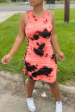 Watermelon Red Casual Print Tie Dye Frenulum O Neck Sleeveless Dress Dresses