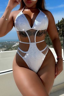 Silver Sexy Solid Bandage Patchwork Backless Swimwears (With Paddings)