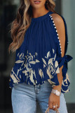 Navy Blue Casual Print Hollowed Out Frenulum Beading O Neck Tops