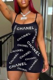 Black Sexy Print Letter Spaghetti Strap A Line Dresses