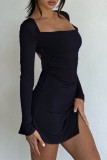 Pink Casual Solid Frenulum Slit Square Collar Long Sleeve Dresses