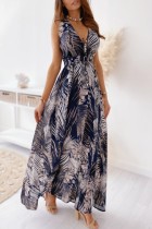 Blue Casual Print Frenulum Backless V Neck Long Dress Dresses