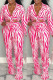 Rose Red Casual Striped Print Frenulum Turndown Collar Long Sleeve Two Pieces