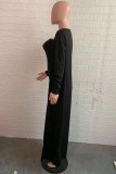 Black Casual Solid Basic Long Sleeve Two Pieces
