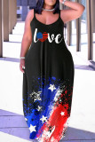 Letter Print Casual Flag Stars Letter Print Backless Floor Length Straight Loose Cami Maxi Dresses