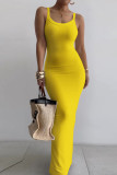 Yellow Sexy Casual Solid Backless Spaghetti Strap Long Dress Dresses