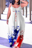 Letter Print Casual Flag Stars Letter Print Backless Floor Length Straight Loose Cami Maxi Dresses