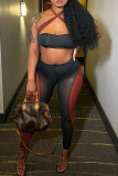 Brown Sexy Patchwork See-through Backless Contrast Halter Sleeveless Two Pieces