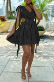 Rose Red Sexy Casual Solid Frenulum Backless V Neck Sleeveless Dress Dresses